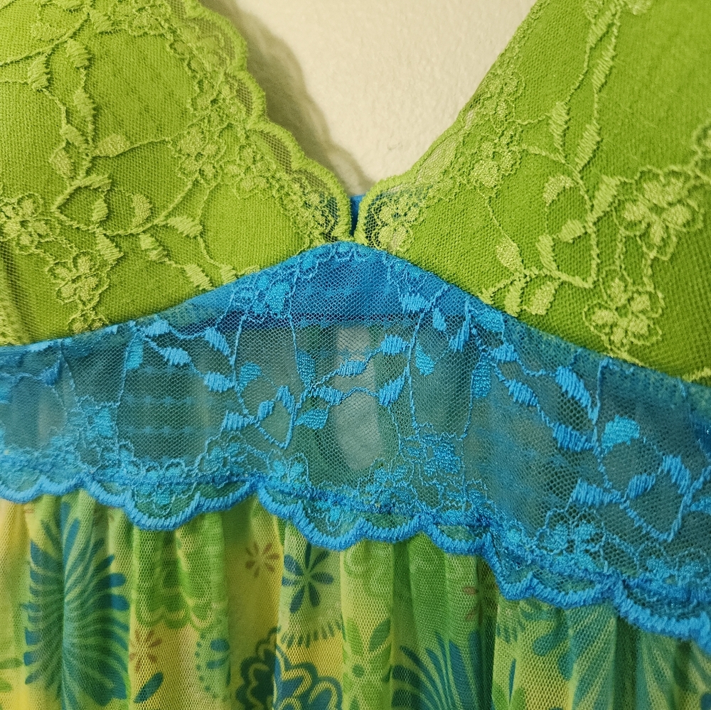 Y2K 2006 Victoria's Secret S Green & Blue Lace Sheer Babydoll Cami Chemise Top - Picture 4 of 15